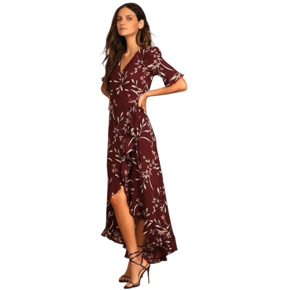 Lulus Dresses & Skirts - LULUS Wild Winds Burgundy Floral Print High-Low Wrap
Dress size M Party Date NWT
